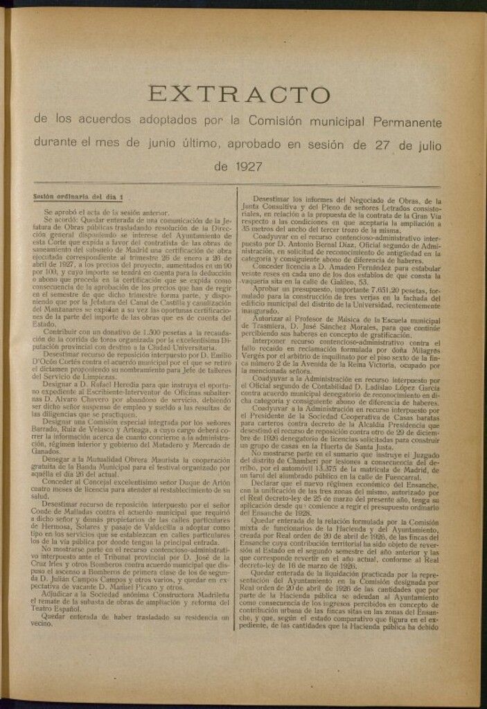 Miniatura de Boletín Oficial del Ayuntamiento de Madrid: Extracto de los acuerdos adoptados por la Comisión municipal Permanente durante el mes de junio último, aprobado en sesión de 27 de julio de 1927.