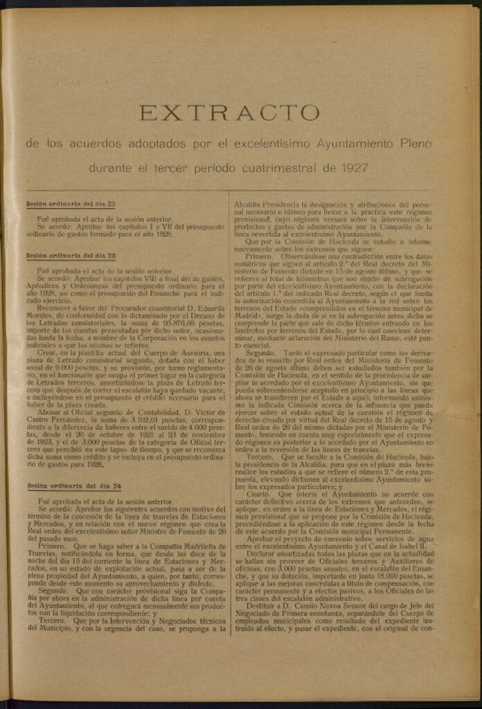 Miniatura de Boletín Oficial del Ayuntamiento de Madrid: Extracto de los acuerdos adoptados por el excelentísimo Ayuntamiento Pleno durante el tercer período cuatrimestral de 1927.