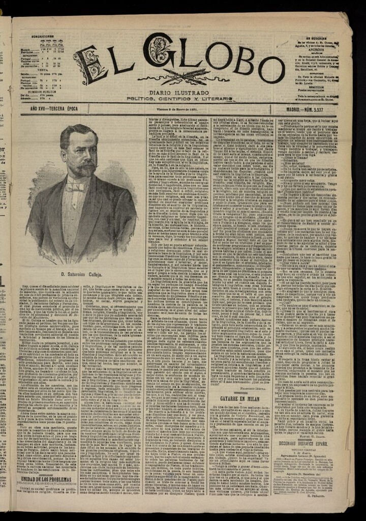 Miniatura de El Globo : diario ilustrado  del 2 de enero de 1891,nº 5537