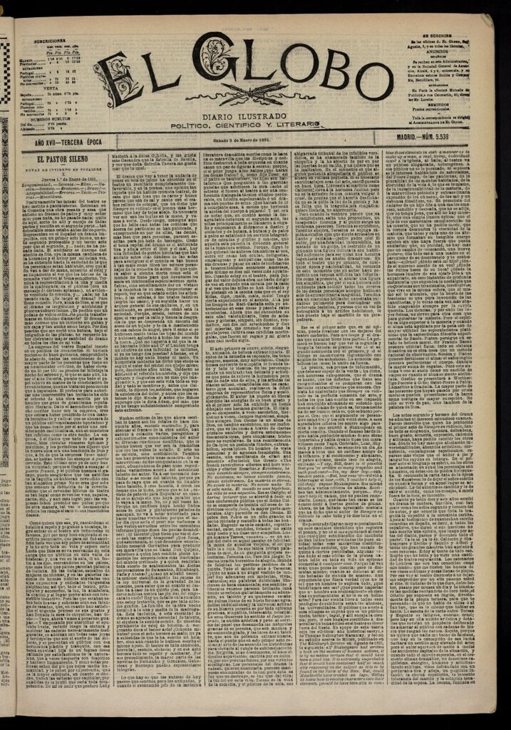 Miniatura de El Globo : diario ilustrado  del 3 de enero de 1891,nº 5538