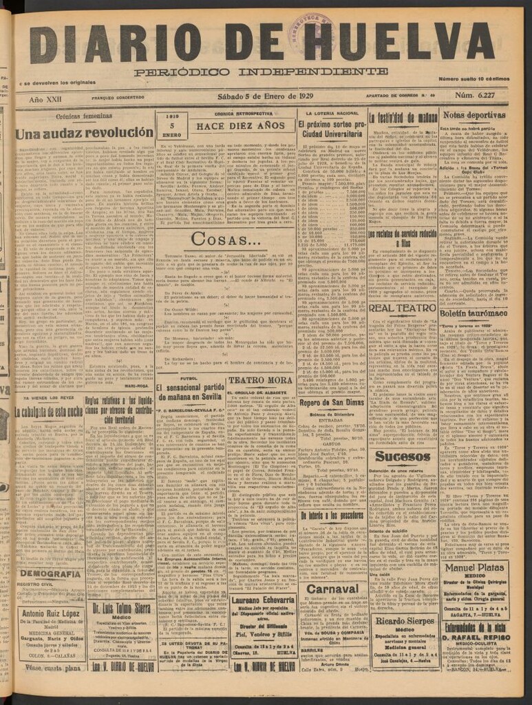Miniatura de Diario de Huelva : periódico independiente del 5 de enero de 1929