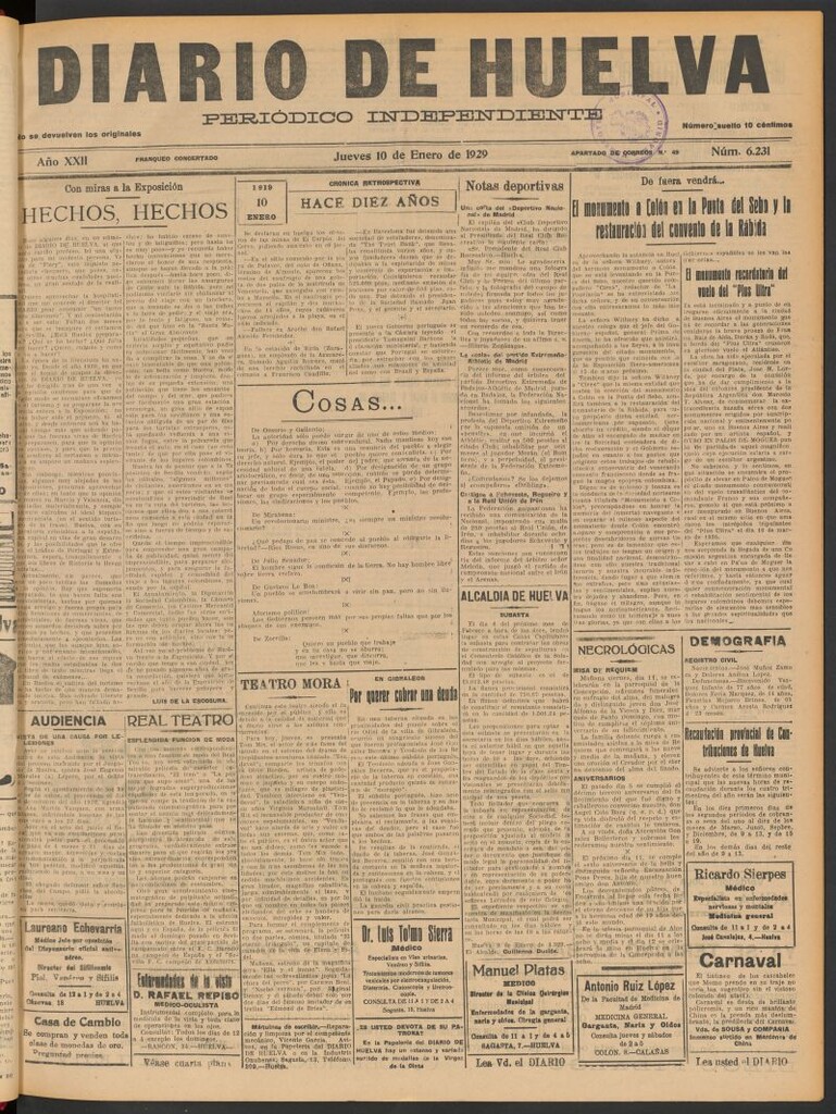 Miniatura de Diario de Huelva : periódico independiente del 10 de enero de 1929