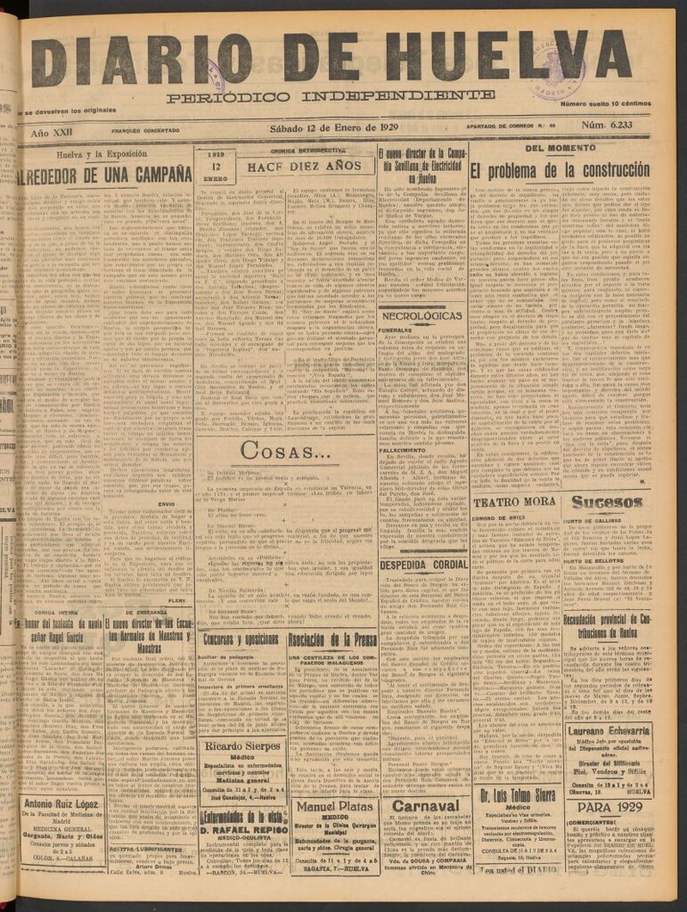 Miniatura de Diario de Huelva : periódico independiente del 12 de enero de 1929