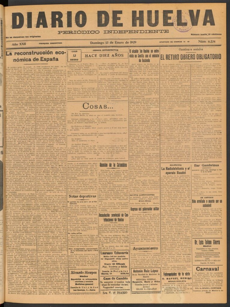 Miniatura de Diario de Huelva : periódico independiente del 13 de enero de 1929