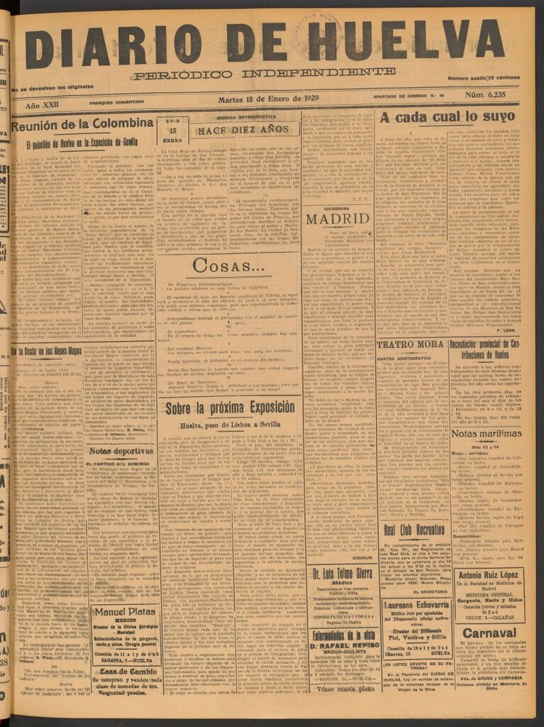 Miniatura de Diario de Huelva : periódico independiente del 15 de enero de 1929