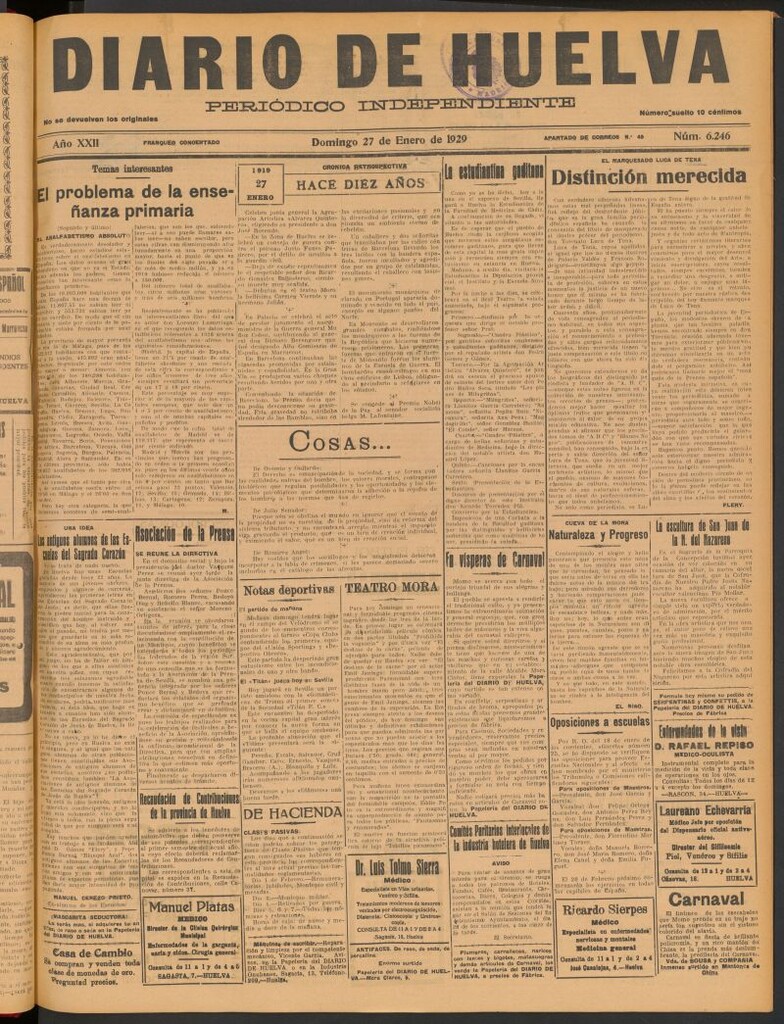Miniatura de Diario de Huelva : periódico independiente del 27 de enero de 1929