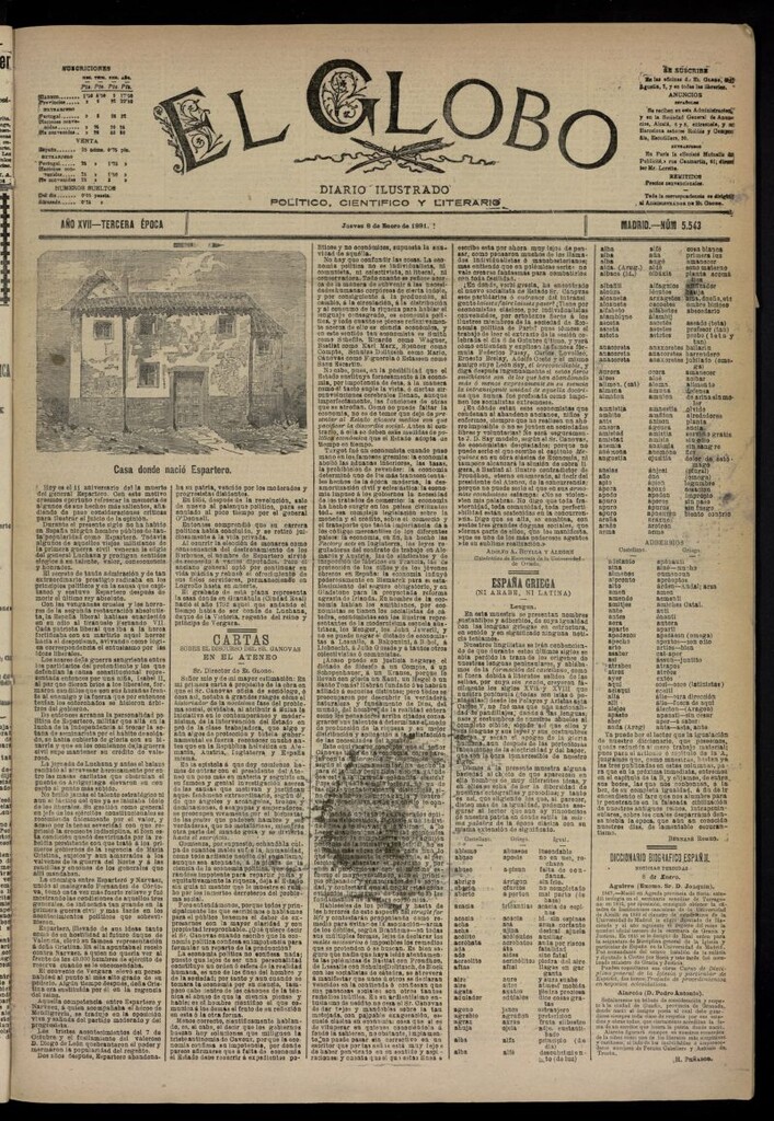 Miniatura de El Globo : diario ilustrado  del 8 de enero de 1891,nº 5543