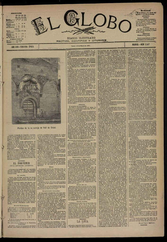 Miniatura de El Globo : diario ilustrado  del 12 de enero de 1891,nº 5547