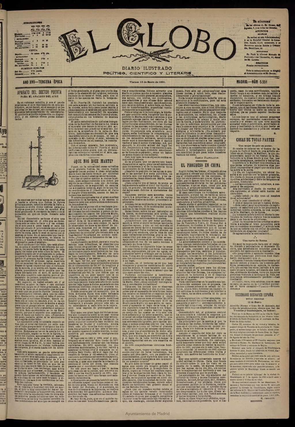 Miniatura de El Globo : diario ilustrado  del 16 de enero de 1891,nº 5551