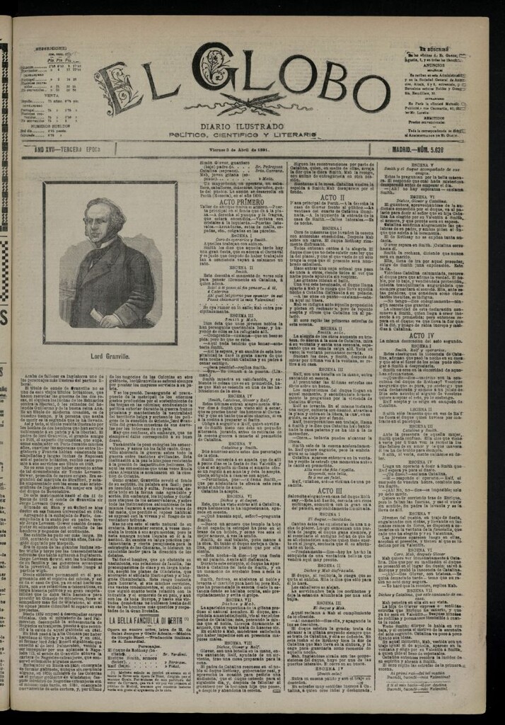Miniatura de El Globo : diario ilustrado  del 3 de abril de 1891,nº 5628