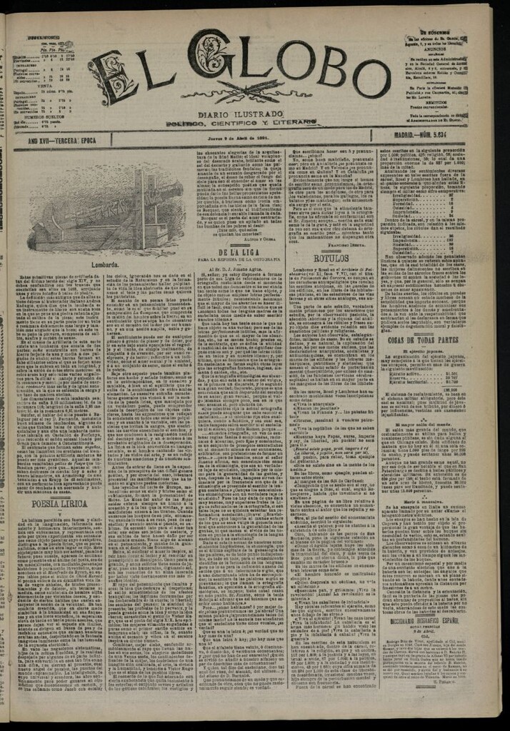 Miniatura de El Globo : diario ilustrado  del 9 de abril de 1891,nº 5634
