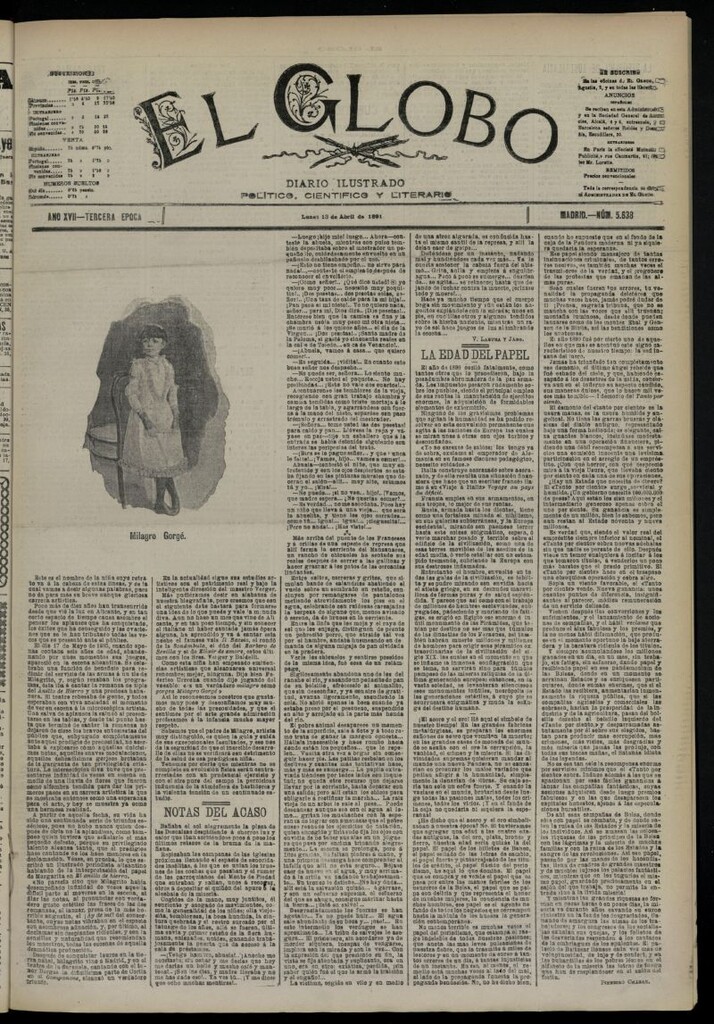 Miniatura de El Globo : diario ilustrado  del 13 de abril de 1891,nº 5638