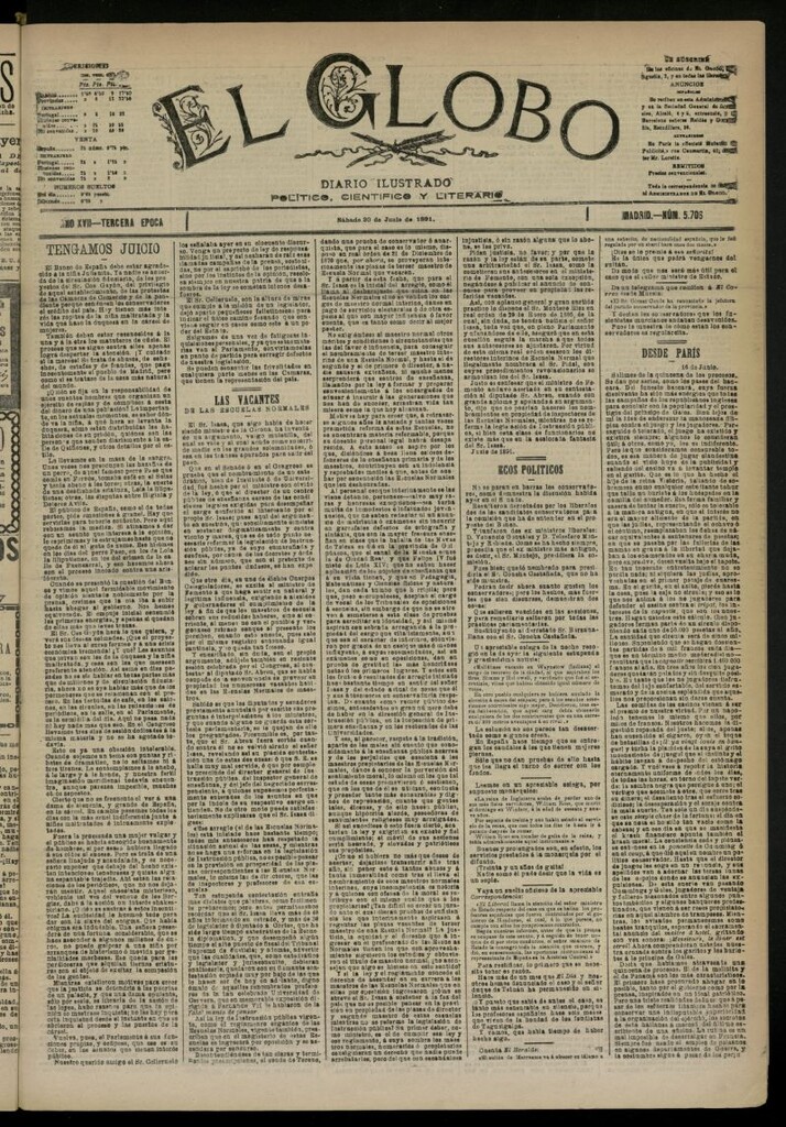 Miniatura de El Globo : diario ilustrado  del 20 de junio de 1891,nº 5706