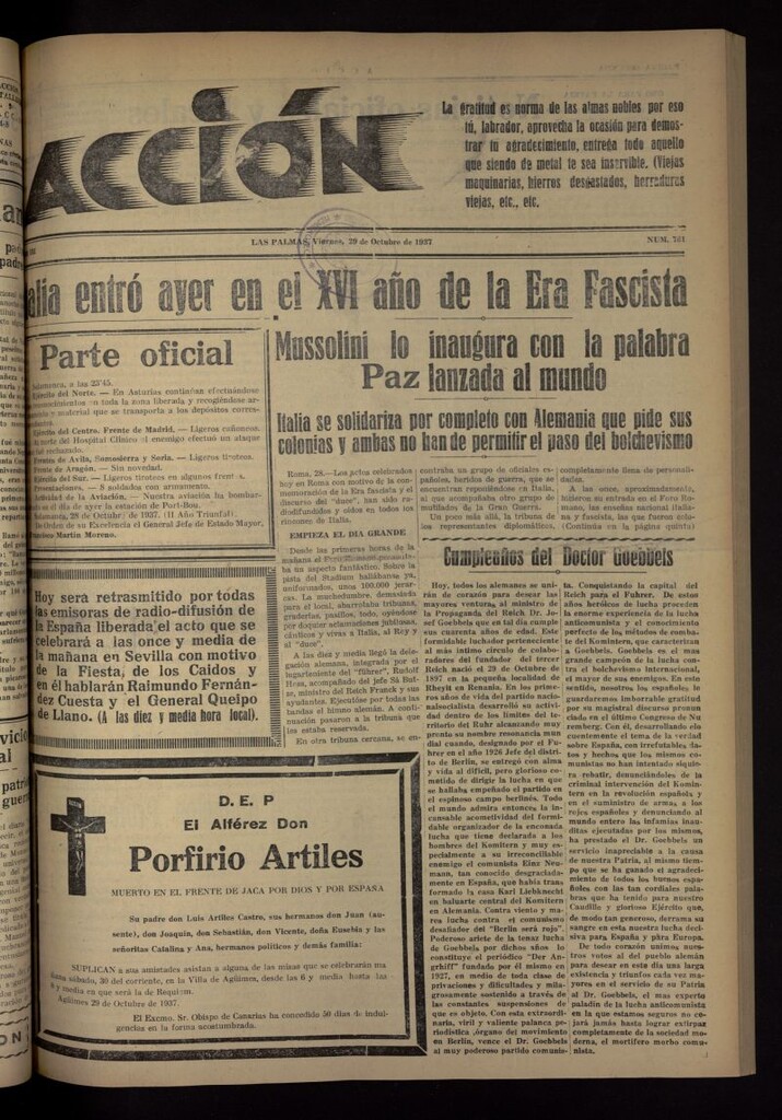 Miniatura de Acción (Las Palmas de Gran Canaria) del 29 de octubre de 1937, nº 761