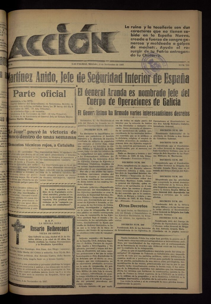 Miniatura de Acción (Las Palmas de Gran Canaria) del 3 de noviembre de 1937, nº 765