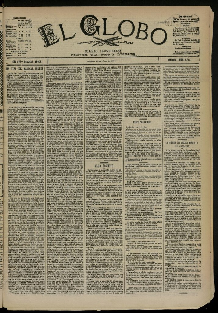Miniatura de El Globo : diario ilustrado  del 28 de junio de 1891,nº 5714