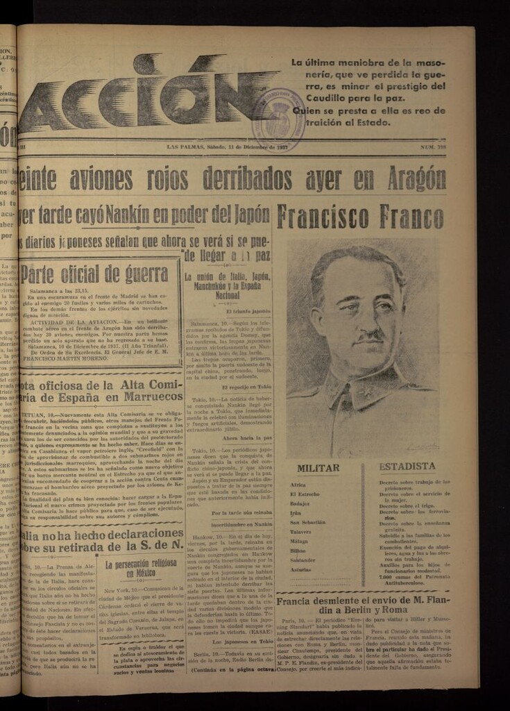 Miniatura de Acción (Las Palmas de Gran Canaria) del 11 de diciembre de 1937, nº 798