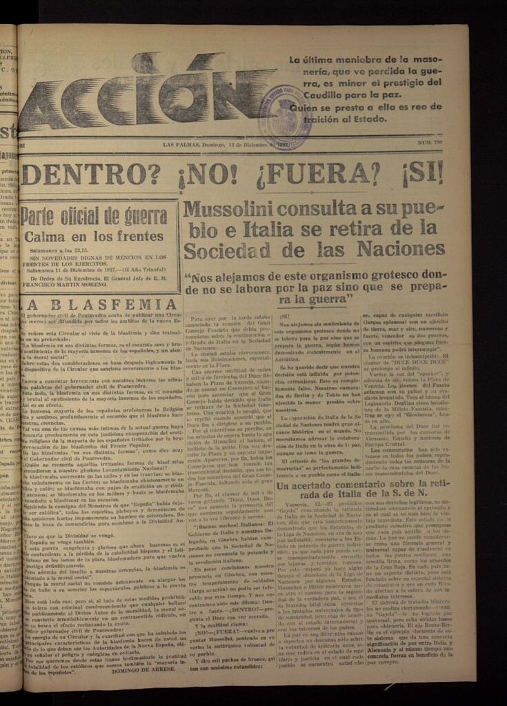 Miniatura de Acción (Las Palmas de Gran Canaria) del 12 de diciembre de 1937, nº 799