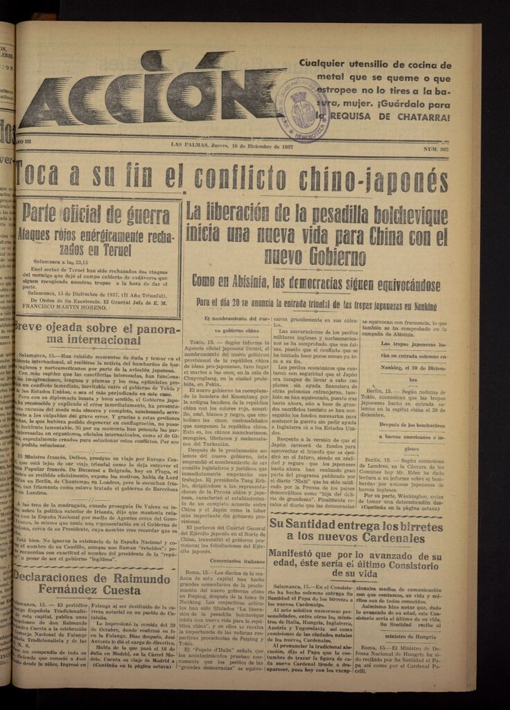 Miniatura de Acción (Las Palmas de Gran Canaria) del 16 de diciembre de 1937, nº 802