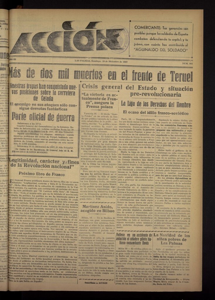 Miniatura de Acción (Las Palmas de Gran Canaria) del 19 de diciembre de 1937, nº 805