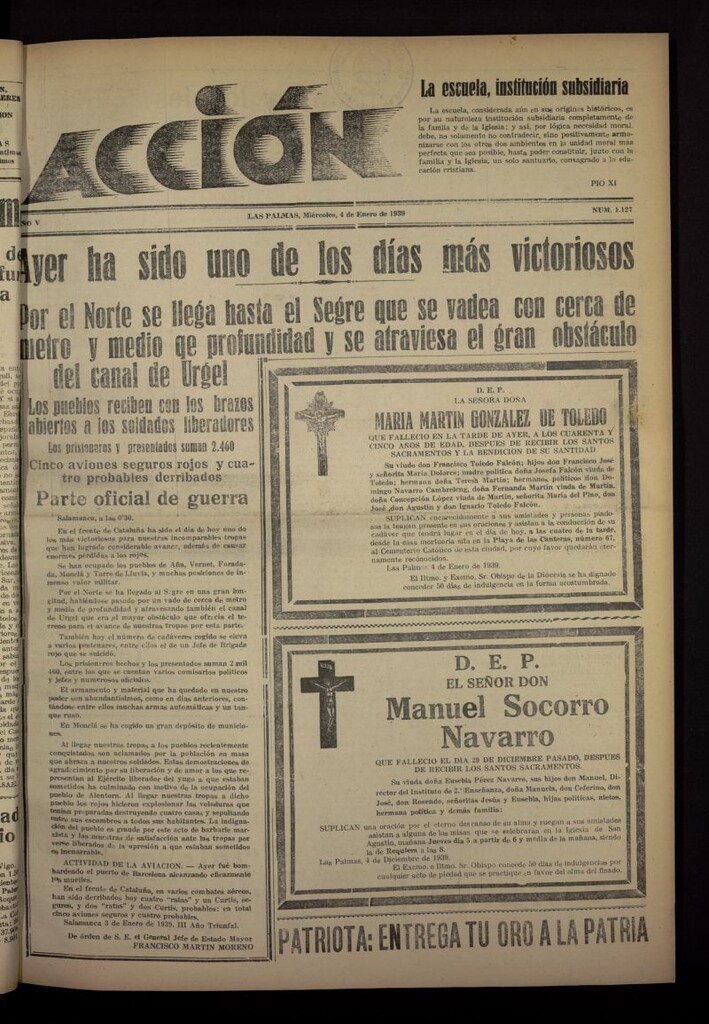 Miniatura de Acción (Las Palmas de Gran Canaria) del 4 de enero de 1939, nº 1127