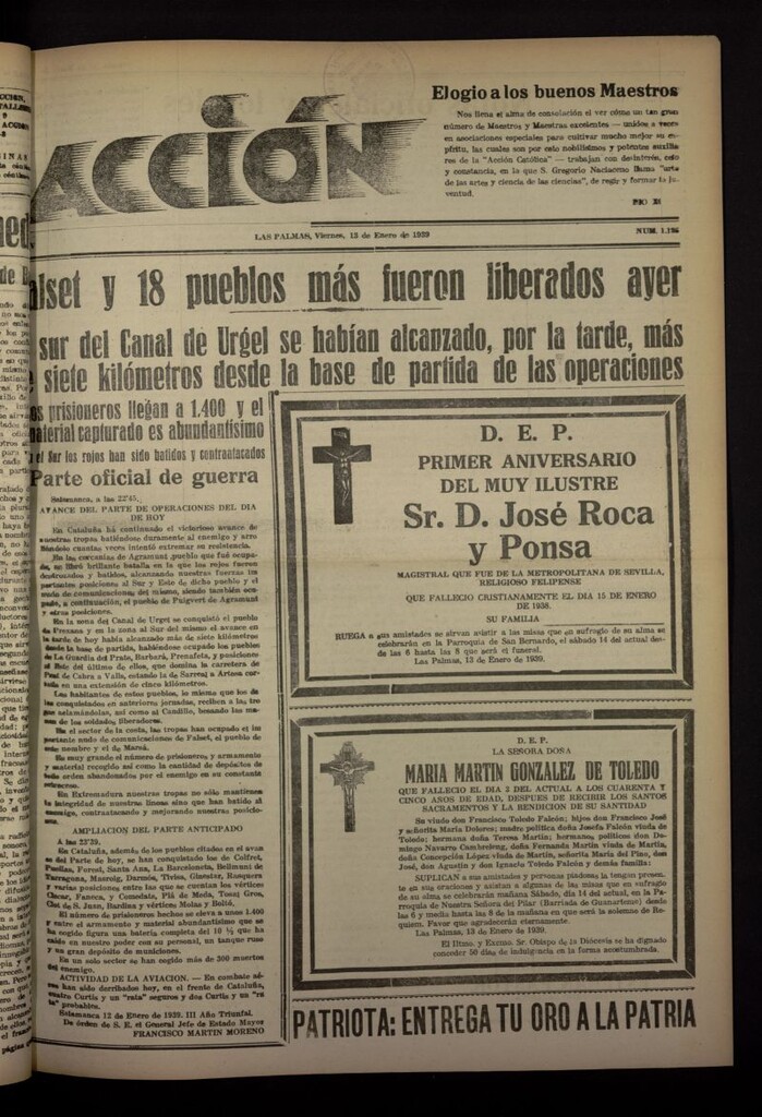 Miniatura de Acción (Las Palmas de Gran Canaria) del 13 de enero de 1939, nº 1135
