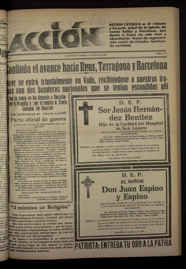 Miniatura de Acción (Las Palmas de Gran Canaria) del 15 de enero de 1939, nº 1137