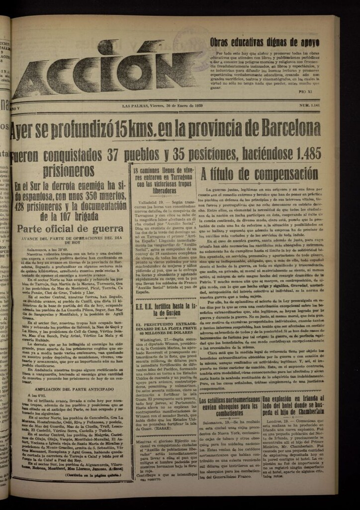 Miniatura de Acción (Las Palmas de Gran Canaria) del 20 de enero de 1939, nº 1141