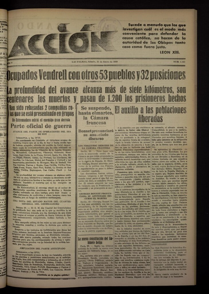 Miniatura de Acción (Las Palmas de Gran Canaria) del 21 de enero de 1939, nº 1142