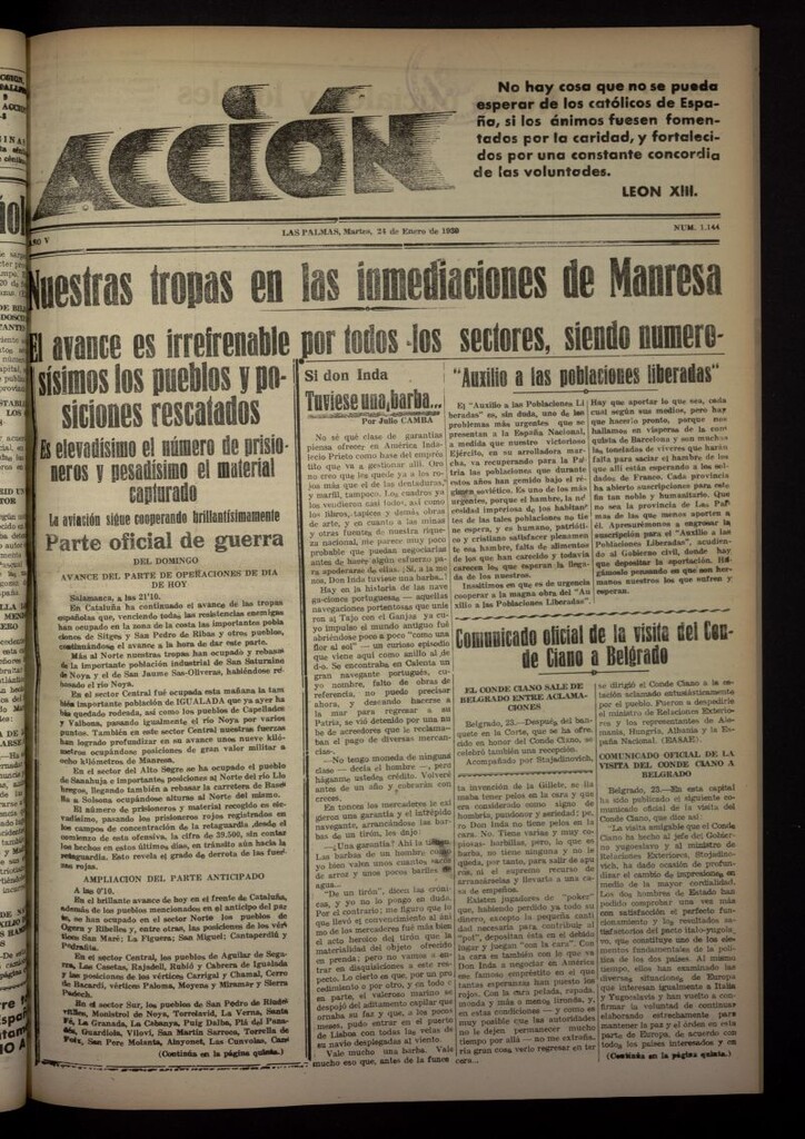 Miniatura de Acción (Las Palmas de Gran Canaria) del 24 de enero de 1939, nº 1144