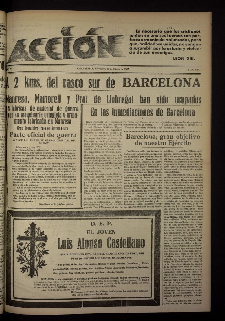 Miniatura de Acción (Las Palmas de Gran Canaria) del 25 de enero de 1939, nº 1145