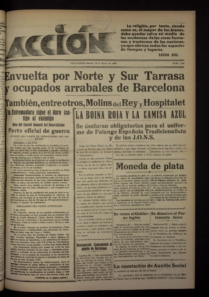 Miniatura de Acción (Las Palmas de Gran Canaria) del 26 de enero de 1939, nº 1146