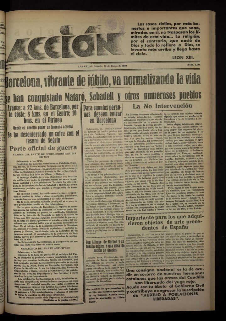 Miniatura de Acción (Las Palmas de Gran Canaria) del 28 de enero de 1939, nº 1148