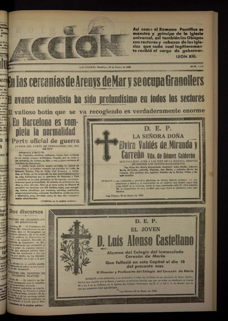 Miniatura de Acción (Las Palmas de Gran Canaria) del 29 de enero de 1939, nº 1149