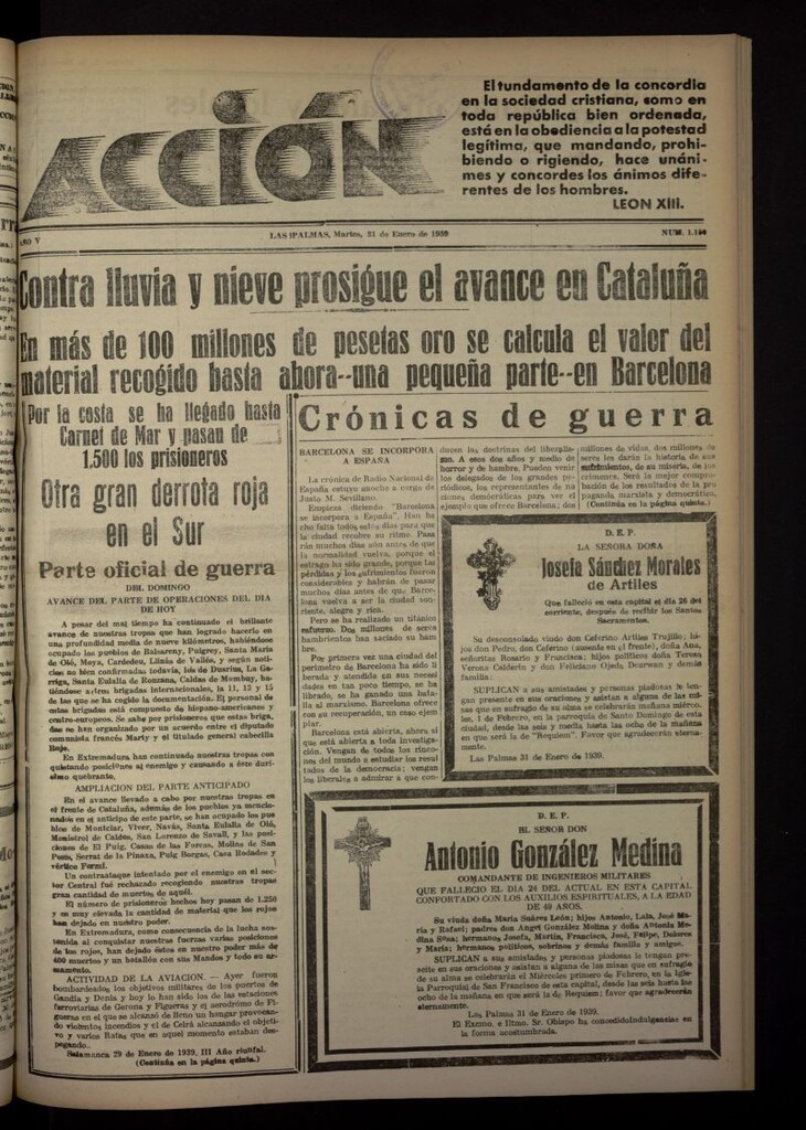 Miniatura de Acción (Las Palmas de Gran Canaria) del 31 de enero de 1939, nº 1150