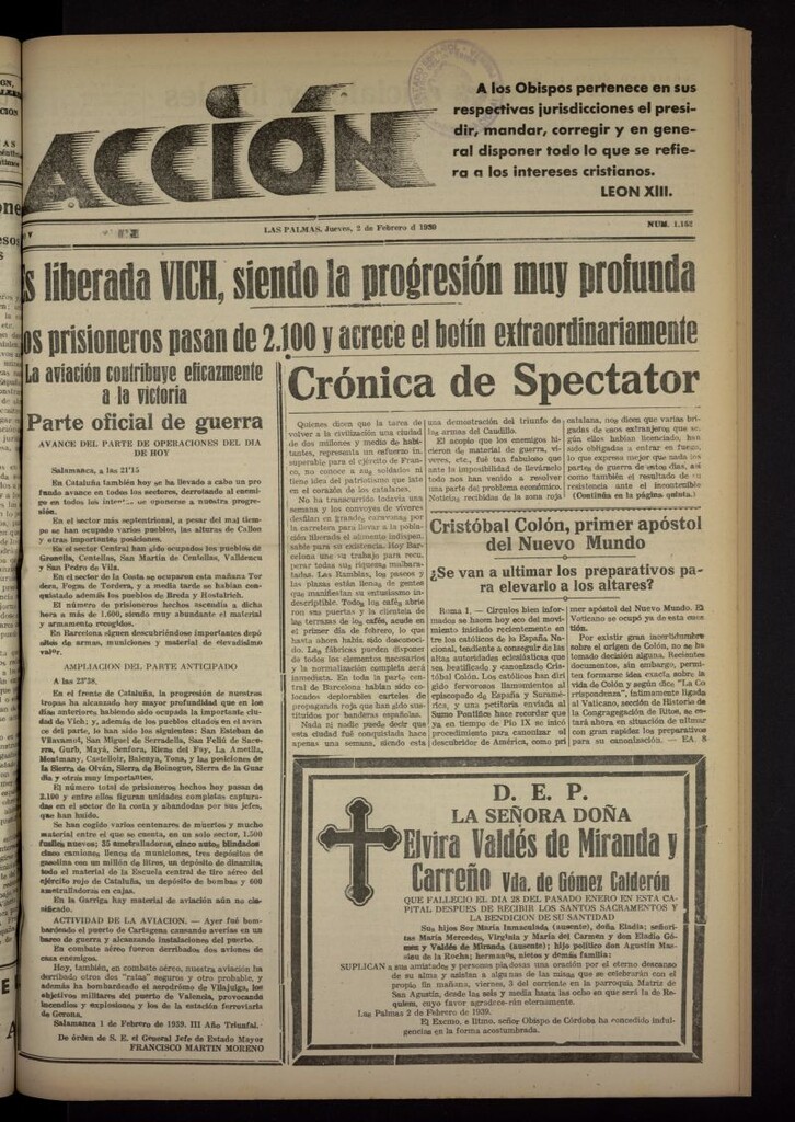 Miniatura de Acción (Las Palmas de Gran Canaria) del 2 de febrero de 1939, nº 1152