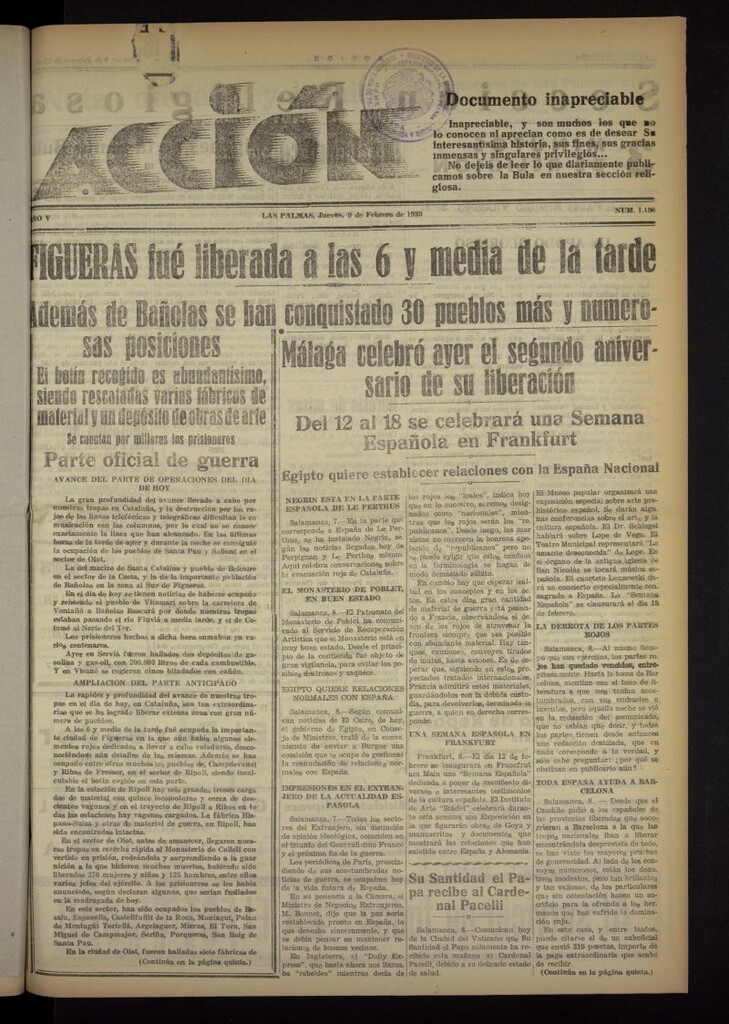 Miniatura de Acción (Las Palmas de Gran Canaria) del 9 de febrero de 1939, nº 1156