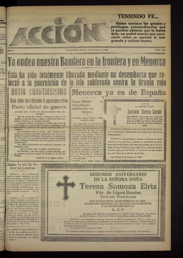 Miniatura de Acción (Las Palmas de Gran Canaria) del 10 de febrero de 1939, nº 1159 [sic]