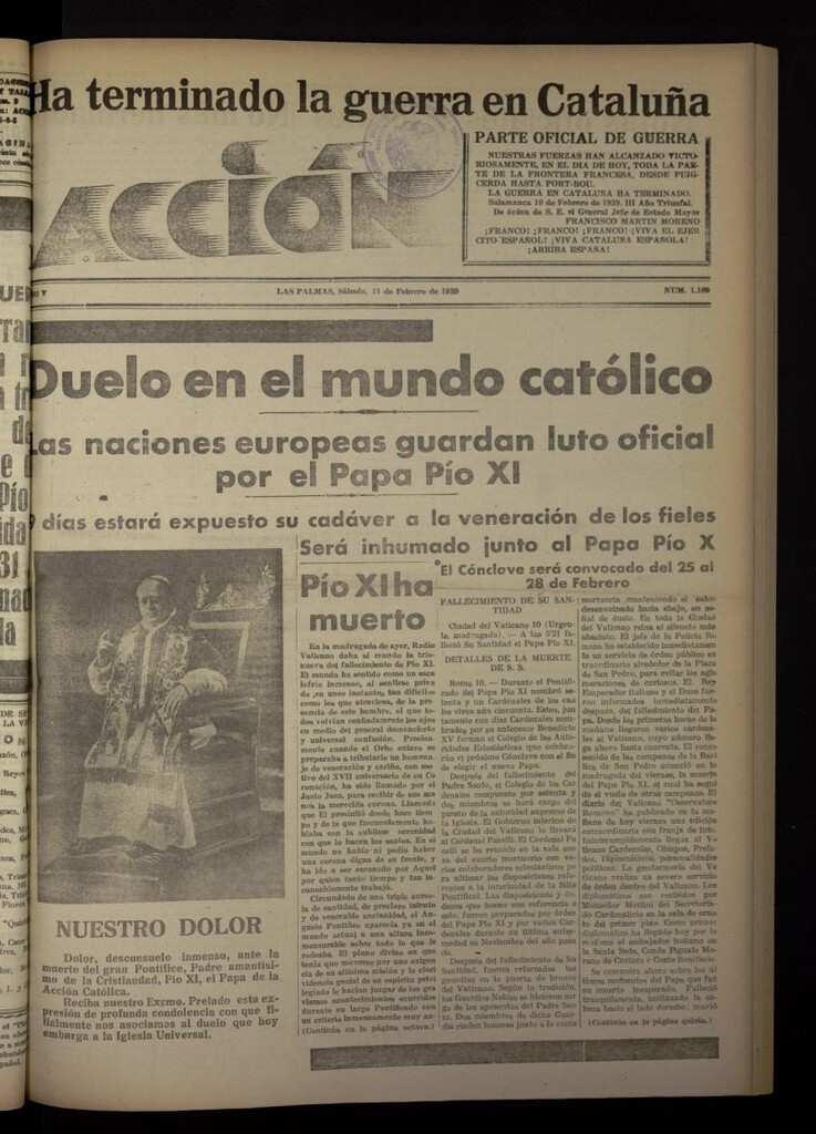 Miniatura de Acción (Las Palmas de Gran Canaria) del 11 de febrero de 1939, nº 1160