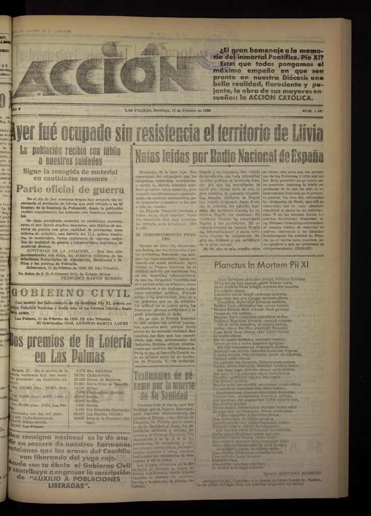 Miniatura de Acción (Las Palmas de Gran Canaria) del 12 de febrero de 1939, nº 1161