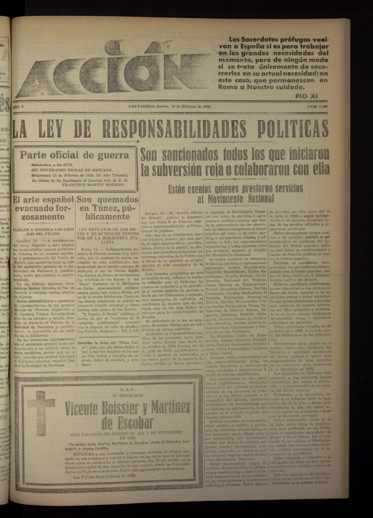 Miniatura de Acción (Las Palmas de Gran Canaria) del 16 de febrero de 1939, nº 1164