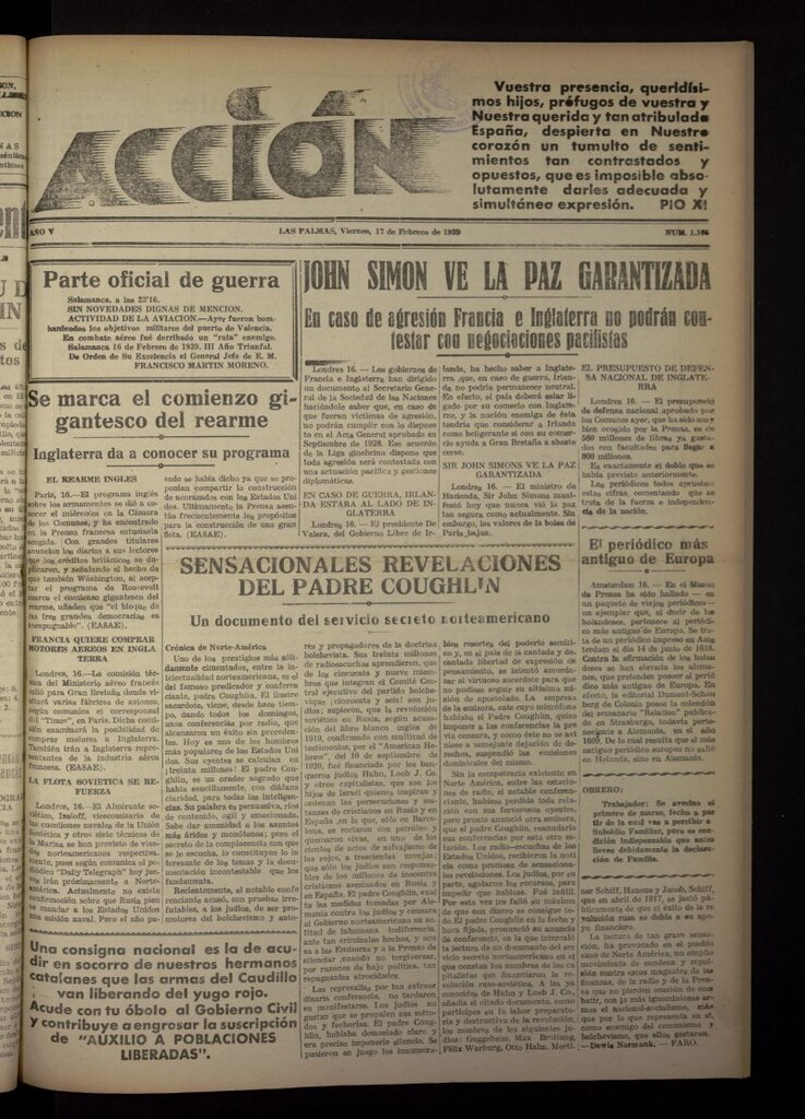 Miniatura de Acción (Las Palmas de Gran Canaria) del 17 de febrero de 1939, nº 1165