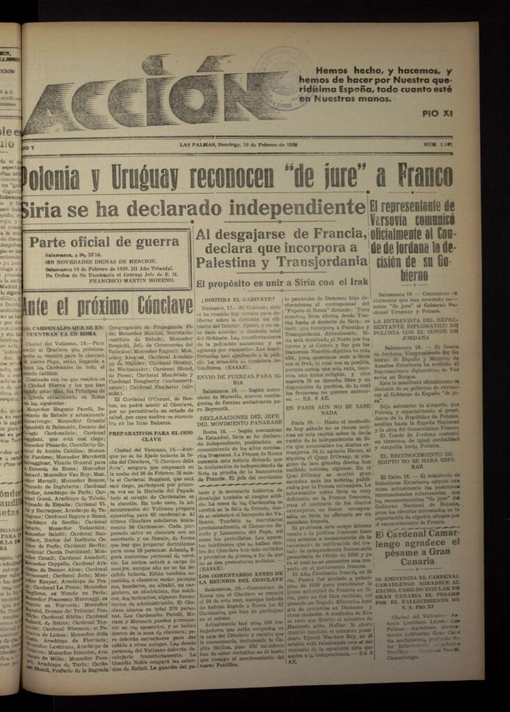Miniatura de Acción (Las Palmas de Gran Canaria) del 19 de febrero de 1939, nº 1107