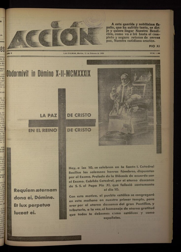 Miniatura de Acción (Las Palmas de Gran Canaria) del 21 de febrero de 1939, nº 1108