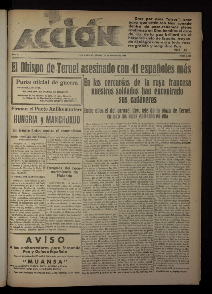 Miniatura de Acción (Las Palmas de Gran Canaria) del 25 de febrero de 1939, nº 1172