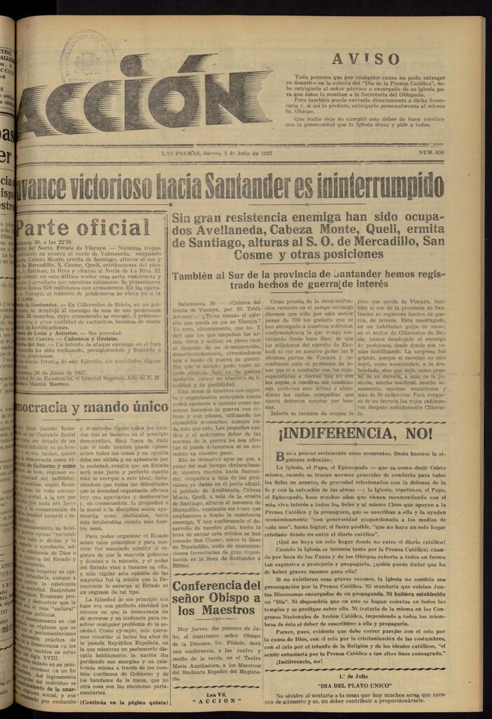 Miniatura de Acción (Las Palmas de Gran Canaria) del 1 de julio de 1937, nº 658