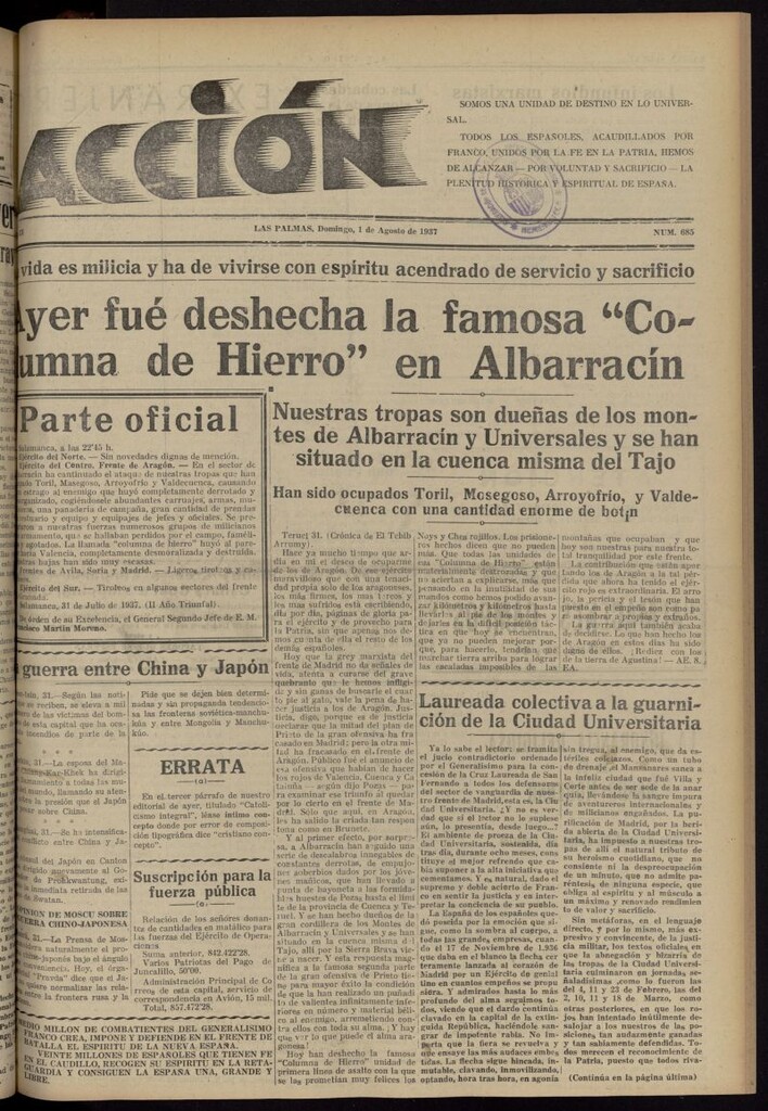Miniatura de Acción (Las Palmas de Gran Canaria) del 1 de agosto de 1937, nº 685