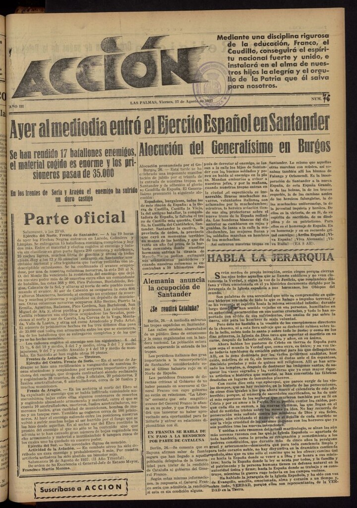 Miniatura de Acción (Las Palmas de Gran Canaria) del 27 de agosto de 1937, nº 707 [sic]