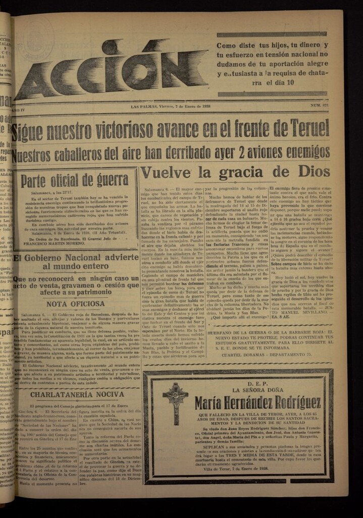 Miniatura de Acción (Las Palmas de Gran Canaria) del 7 de enero de 1938, nº 821