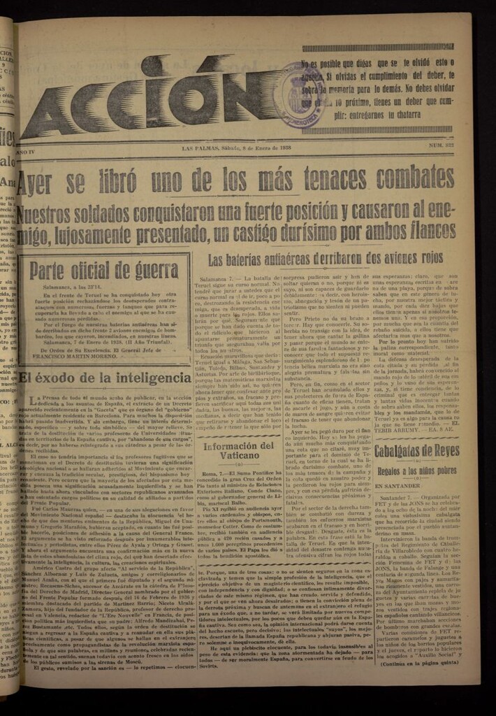 Miniatura de Acción (Las Palmas de Gran Canaria) del 8 de enero de 1938, nº 822